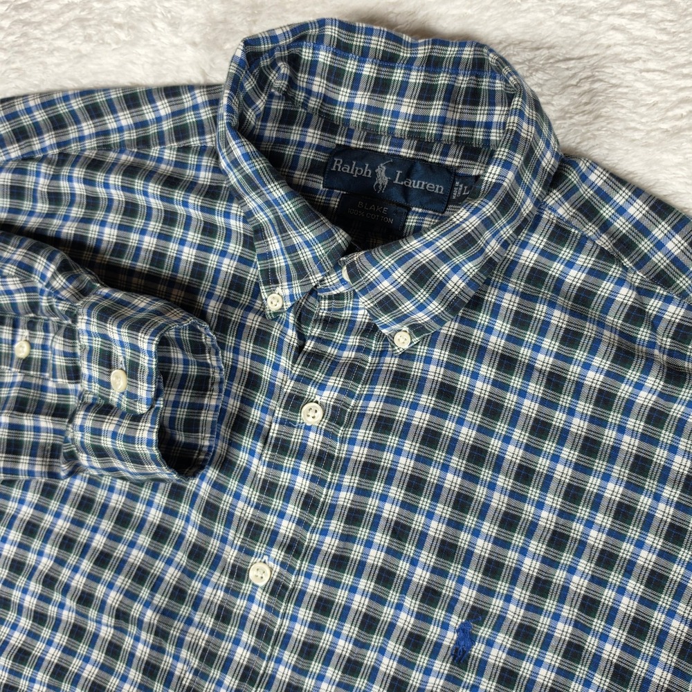 Ralph Lauren Blake Mens L Blue Green Plaid L/S Button Up Shirt Lightweight